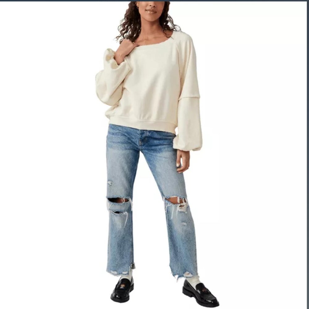 Free People Sweet Deets Sweatshirt-Women’s S-Cream Oversized Pullover Cotton - Picture 3 of 12